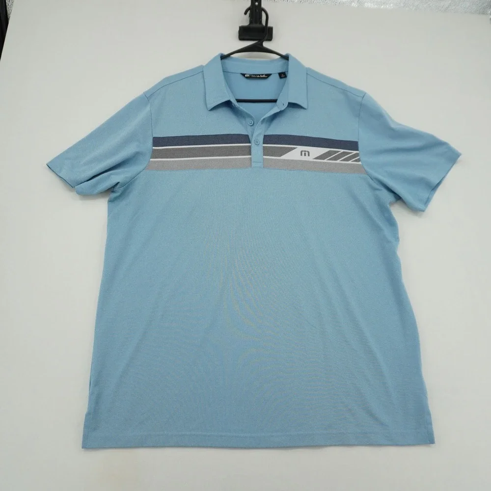 TravisMathew‎ Mens XL Light Blue Striped Performance Golf Polo Shirt RN 123280